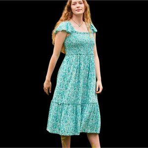April Cornell Meadow Dress Floral Aqua Cottage Milkmaid Dress Smocked L